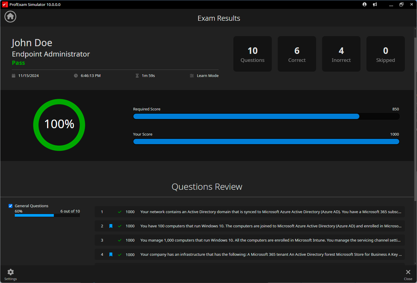 Exam Simulator for Windows - Sessions